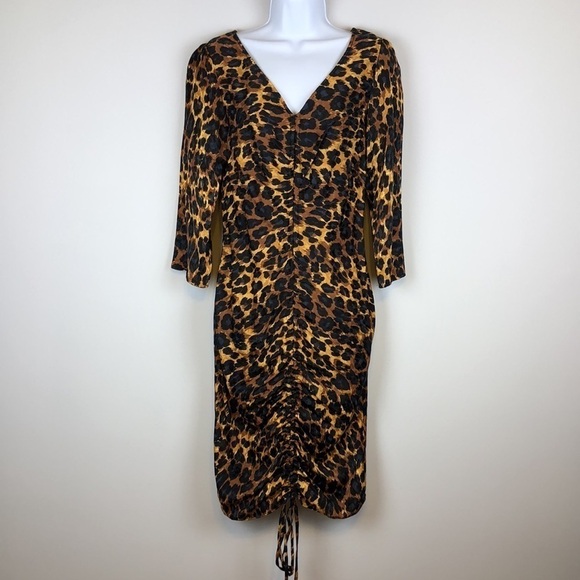 Zara Ruched Leopard V-Neck 3/4 Long Sleeve Bodycon Satin Textured M Mini Dress - Picture 2 of 16
